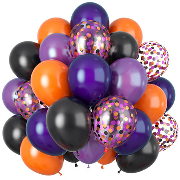 60Pcs Black Orange Purple Balloons, 12 Inch Balloon Purple Black Orange Party Balloons With Confetti Latex Helium Balloon For Bi