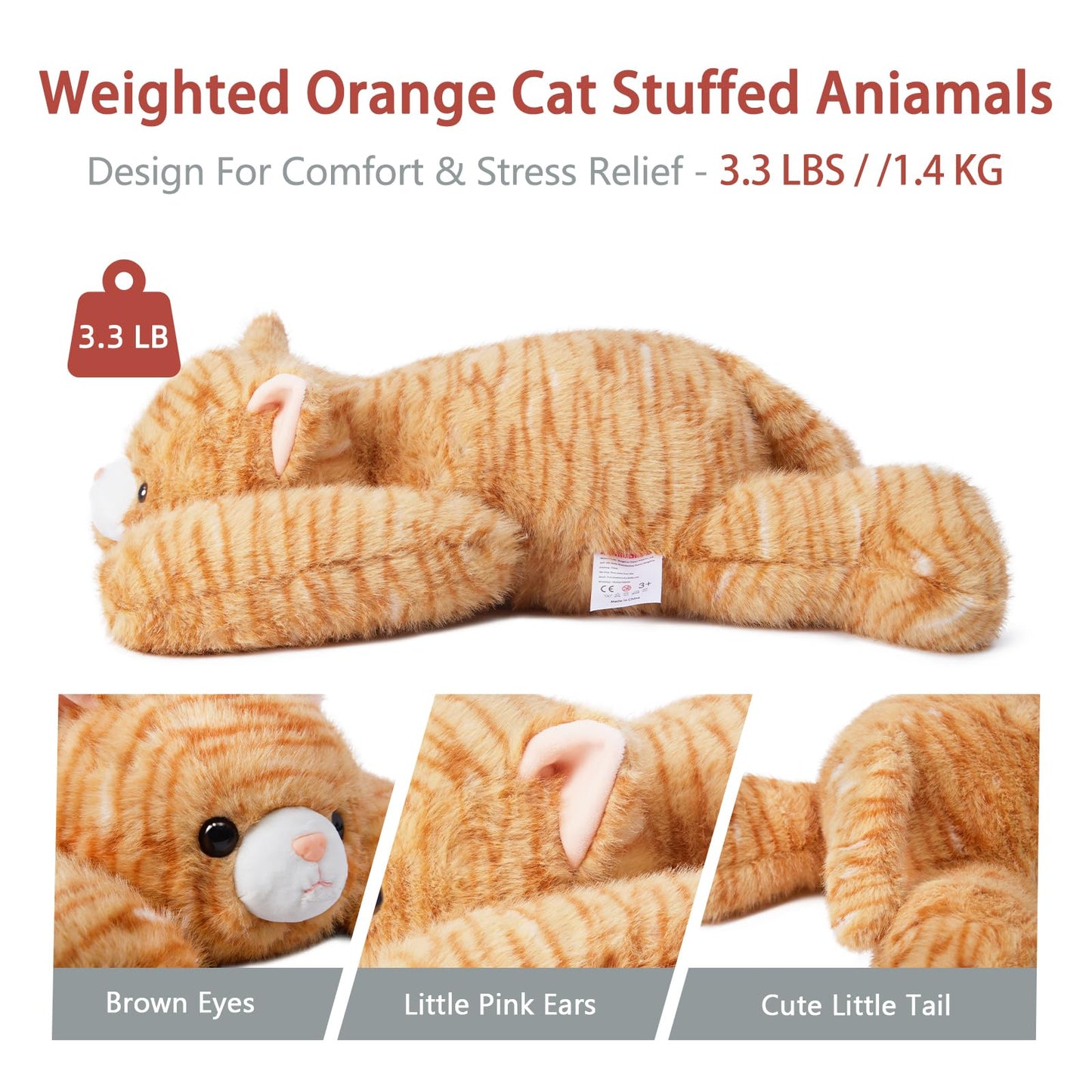 Niuniu Daddy 20'' | 3.3 Pound Weighted Cat Stuffed Animals For Adults, Orange Cat Plush Toy For Toddler Teens Kids, Large Orange