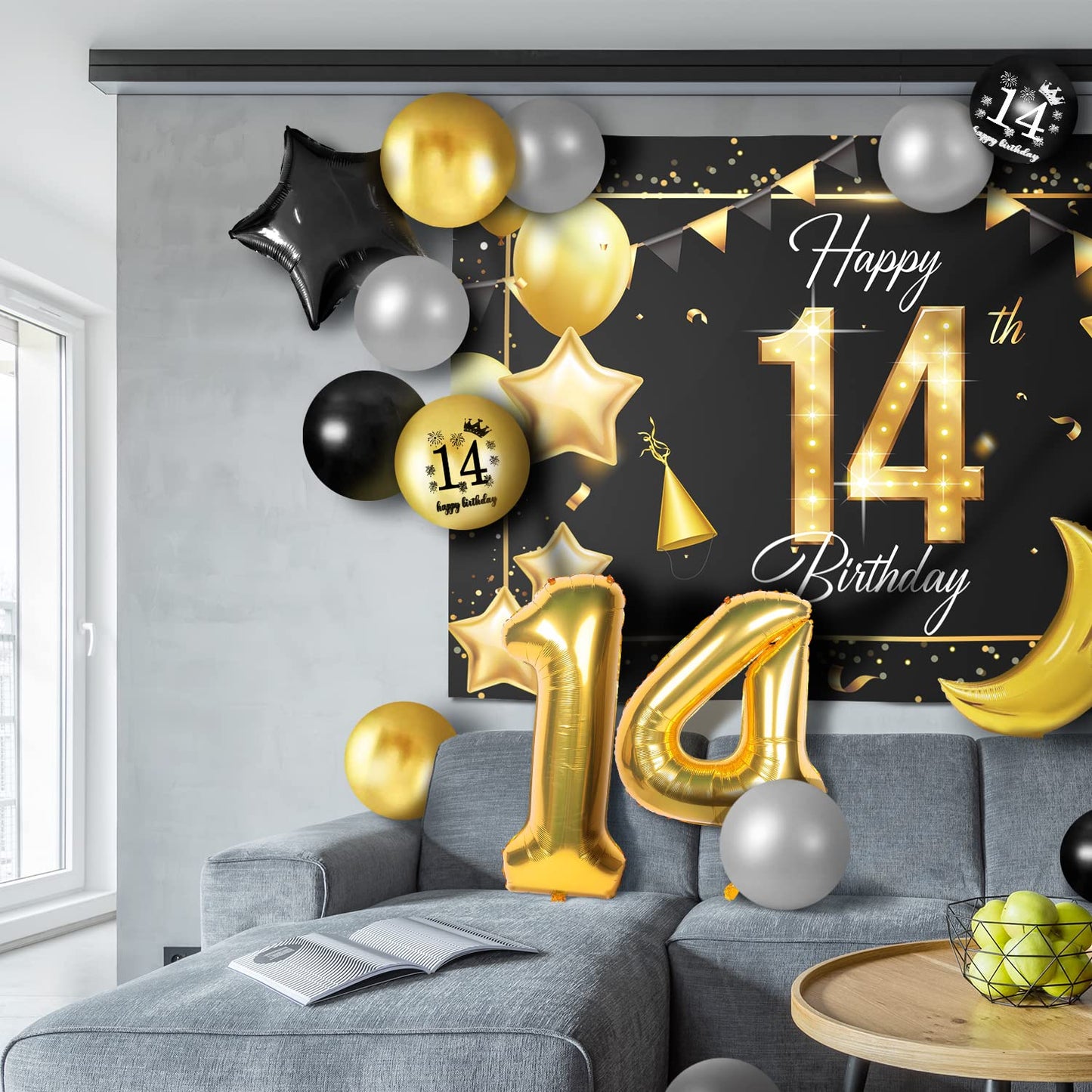 Happy 14Th Birthday Balloons Gold Set Decor - Cheers To 14 Years Old Party Theme Garland Star Moon Banner Backdrop Decorations F