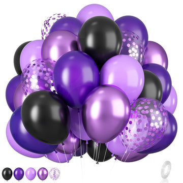 Purple And Black Balloons, 12 Inch Metallic Purple Dark Purple Black Balloons With Purple Confetti Latex Balloons For Halloween
