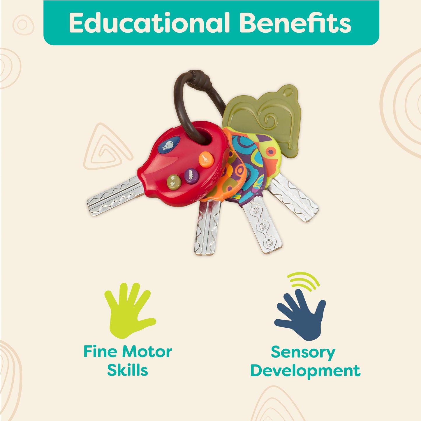 B Toys- Luckeys- Pretend Play Keys- 4 Textured Toy Keys For Babies & Toddlers - Flashlight & Car Sounds- 10 Months +