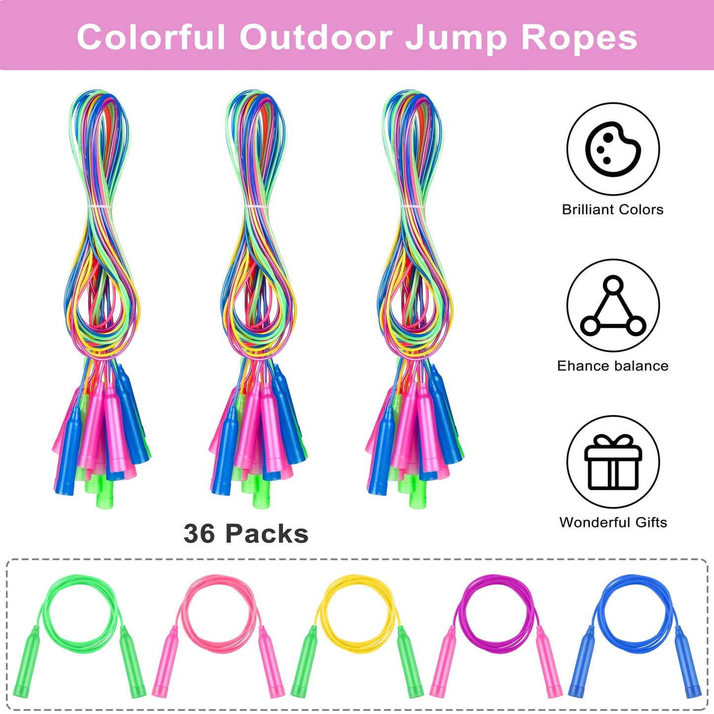 Elcoho 48 Packs Kids Jump Rope Set 7.3 Feet Adjustable Skipping Rope Colorful Kids Outdoor Jump Ropes for Kids Party Favors Outd