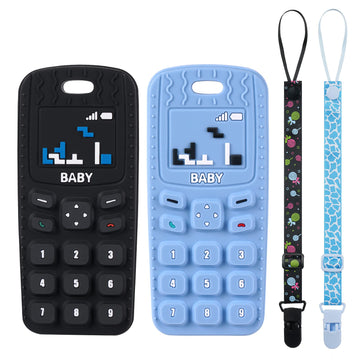 Aolso Baby Teether Toys, 2Pcs Silicone Baby Teething Toys Phone Shape With 2Pcs Pacifier Clip, Soft Teething Toys For Toddlers,B
