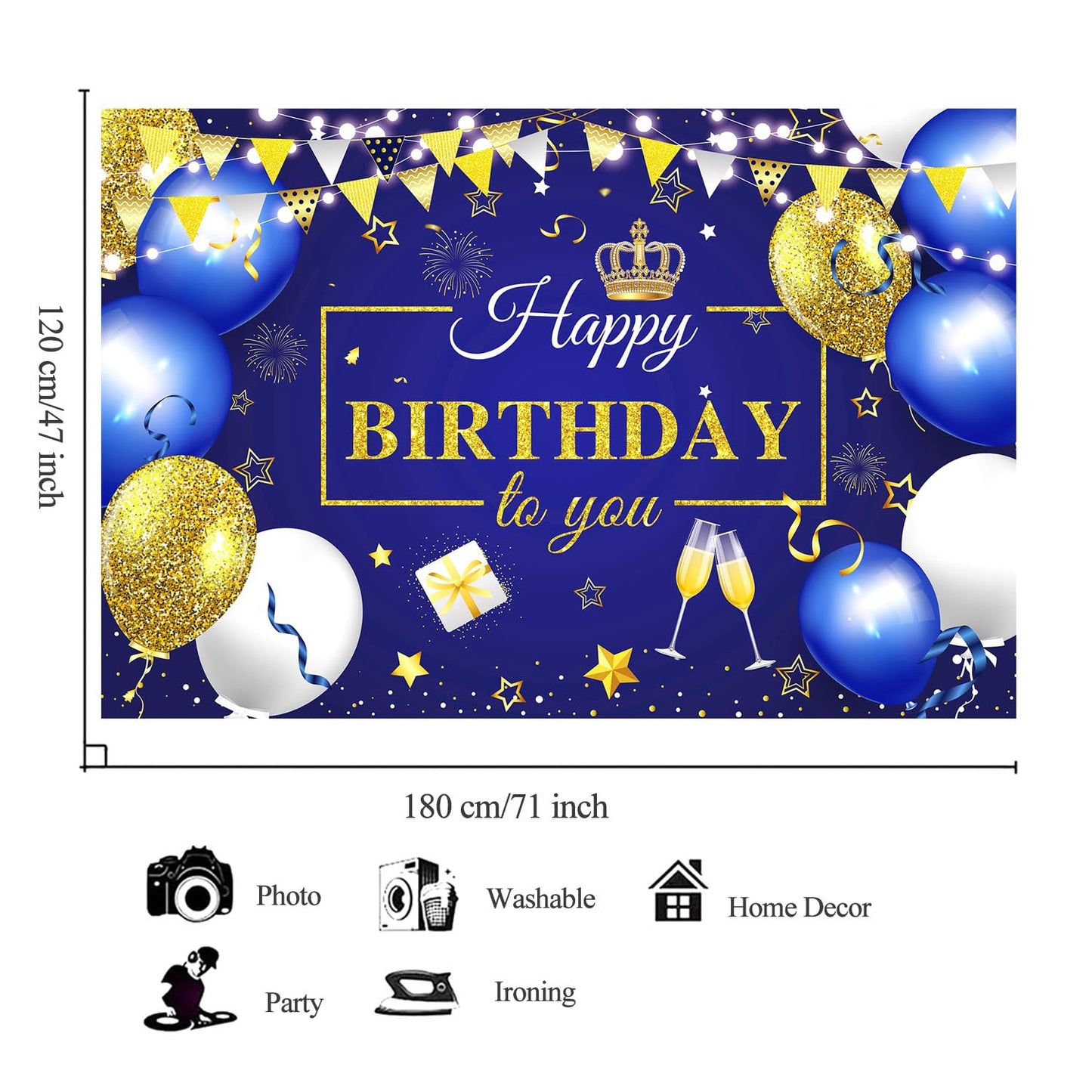 YinQin 180x120 cm Glitter Navy Blue Gold Happy Birthday Party Backdrops Cloth 71x47 inch Birthday Photography Backgrounds Royal