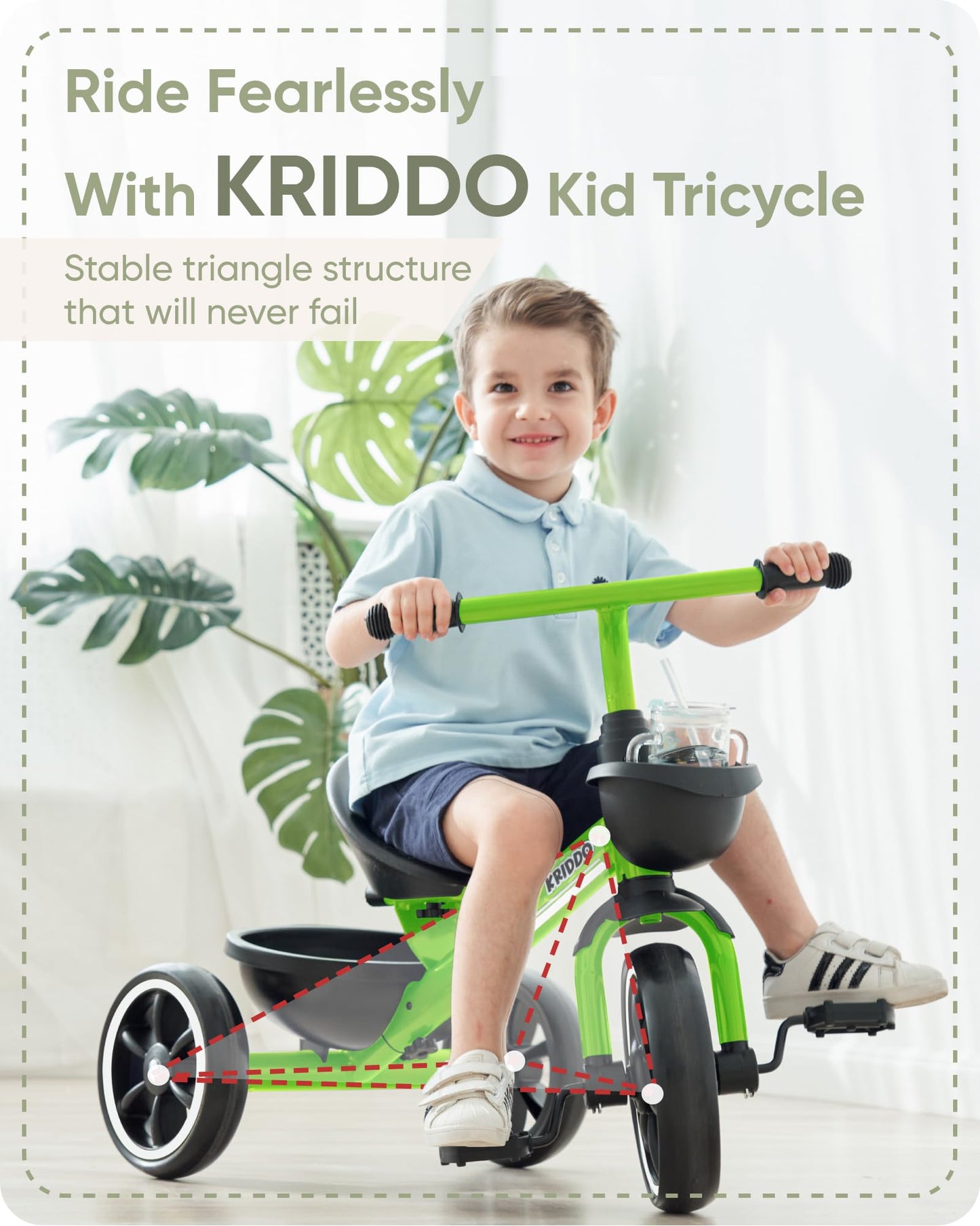 KRIDDO Tricycle for Kids Age 2-4, Large Green Toddler Trike, Carbon Steel, Model TC003-Green