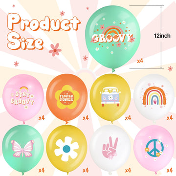 Hiboom 72 Pcs Groovy Retro Hippie Balloons Boho Daisy Party Balloons 12 Inch Rainbow Daisy Flower Butterfly Peace Sign Latex Bal