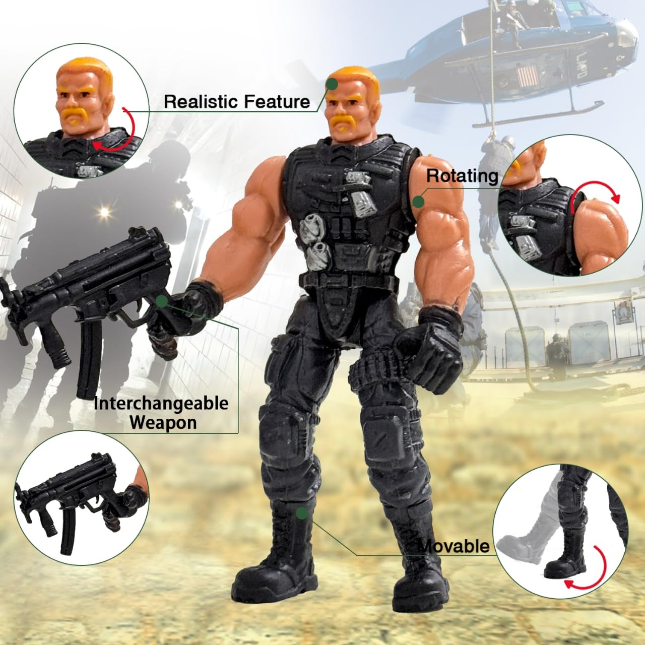 Baimiby Army Men Toy Soldiers  6 Pcs Army Men Action Figure for Boy 4-7  US Army Men and SWAT Team Toy with Military  Accessories for Toddler Boy