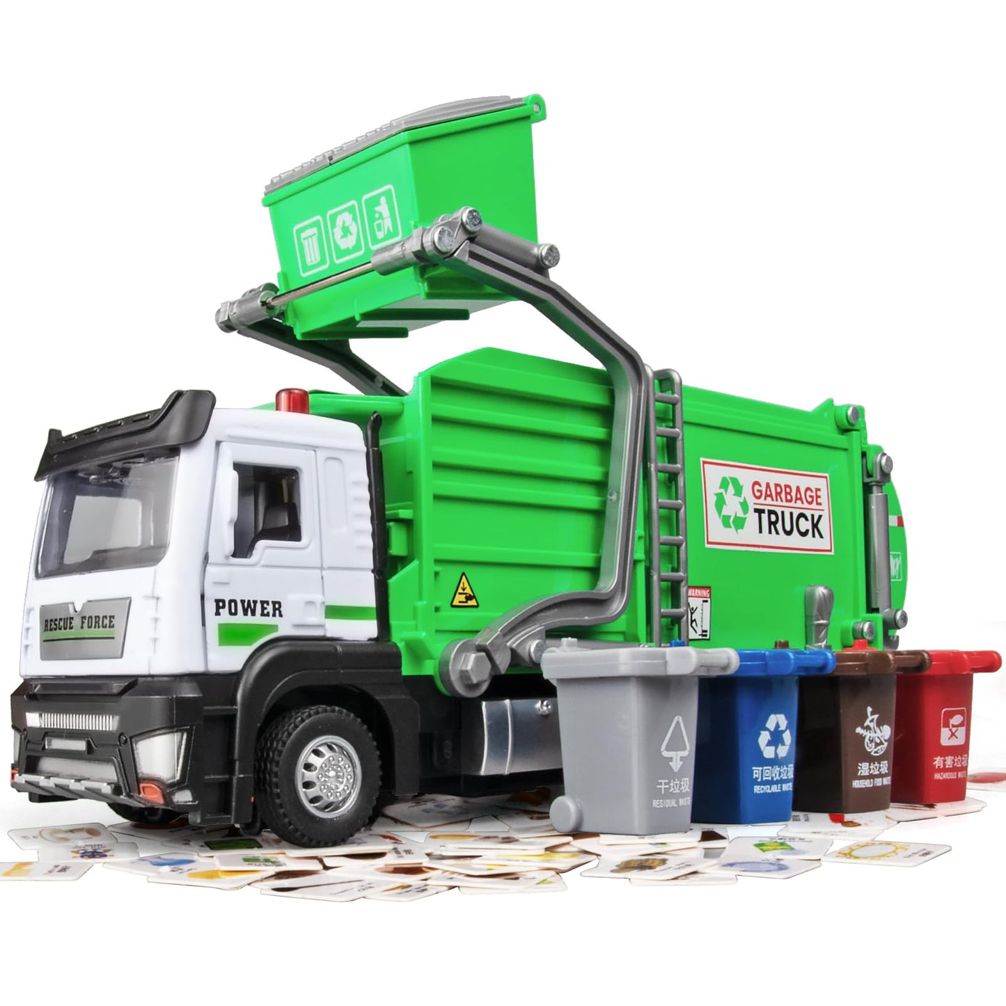 OANMYJJO Garbage Truck Toys for Kids,Garbage Truck Metal Diecast Cab,Pull Back Garbage Truck Toy with Lights and Sounds,Recyclin
