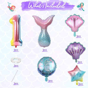 Mermaid 1St Birthday Decorations, 8Pcs Mermaid Party Decorations Balloons, 40 Inch Rainbow Number 1 Balloon, Large Helium Foil Mermaid Tail Balloon, Seashell Balloons For Girls' 1St Birthday Party