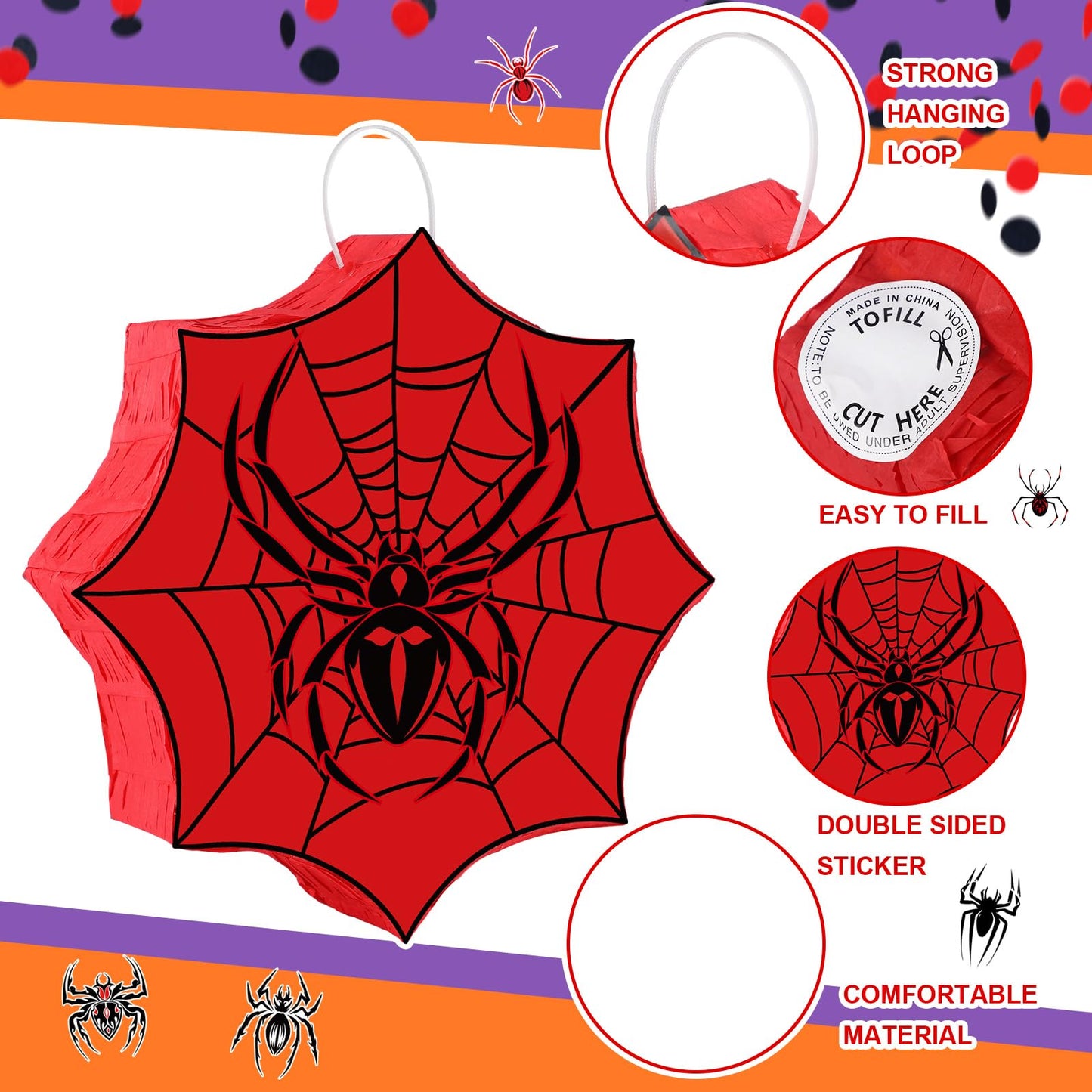 Leyndo 89 Pcs Spider Party Favors for Birthday, Includes Spider Piata with Blindfold and Stick, 11.8x11.8, 12 Keychains, 12 Wris