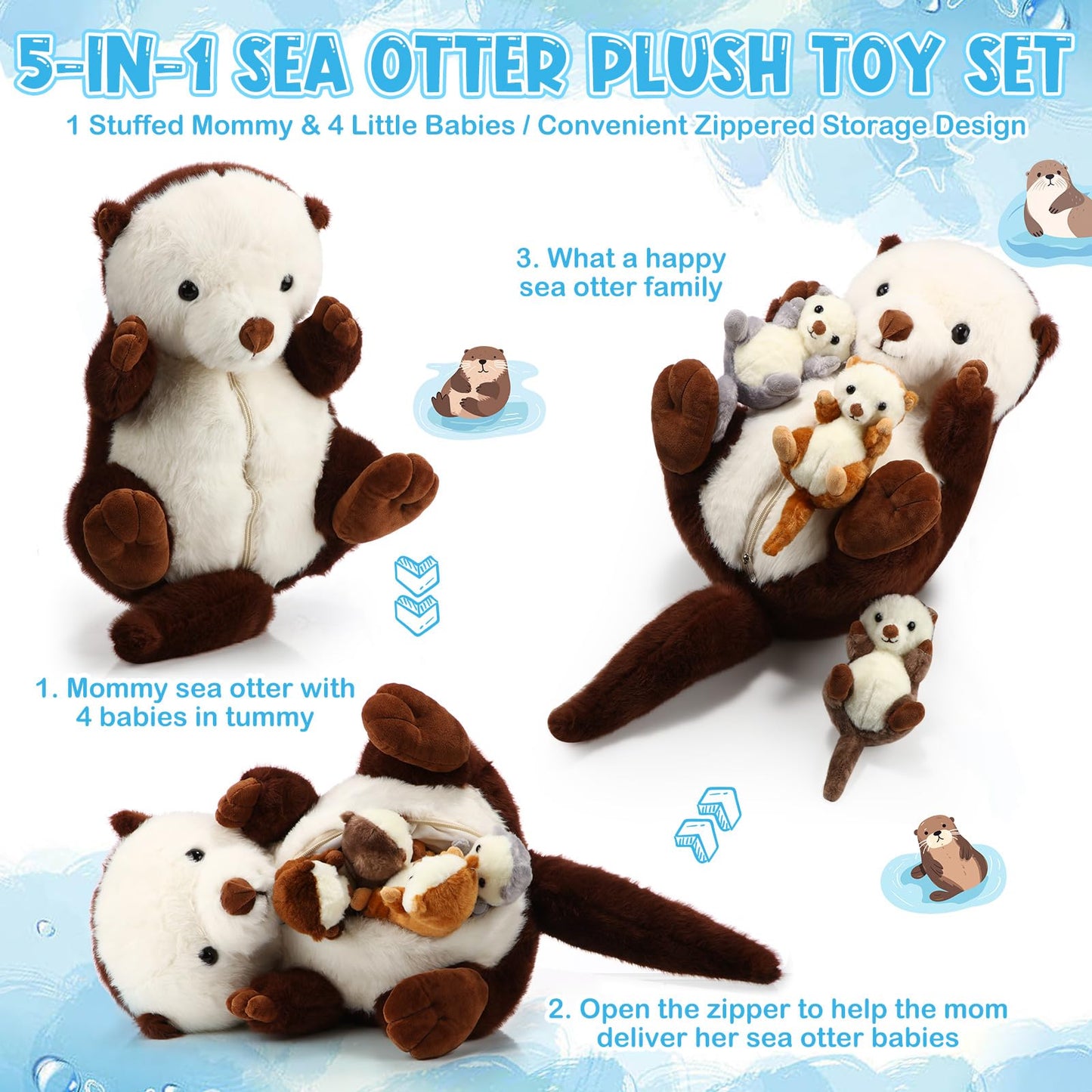 Shappy 5 Pcs Sea Otter Stuffed Animals Large Mommy Sea Otter Stuffy Plush With 4 Cute Babies In Her Zippered Belly Soft Cuddly Plushies For Boys Girls Birthday Gifts Ocean Party Decors(Brown)