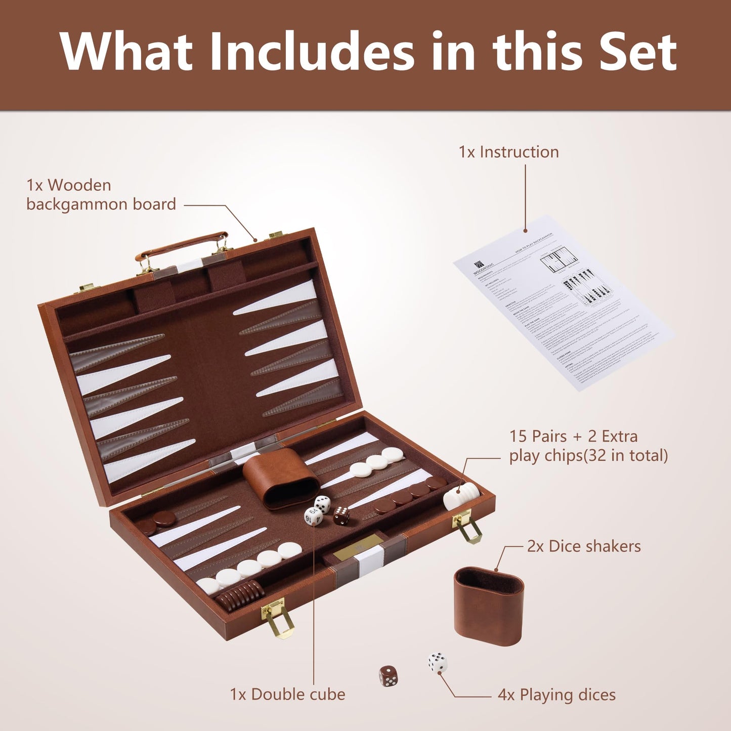 Backgn Sets for mature-themeds - 15 inch Classic Board Games with enhanced Leather Case - Travel Backgn Strategy Game Set for 2 Players - Portable Brown Backgn Set - Gift for Men