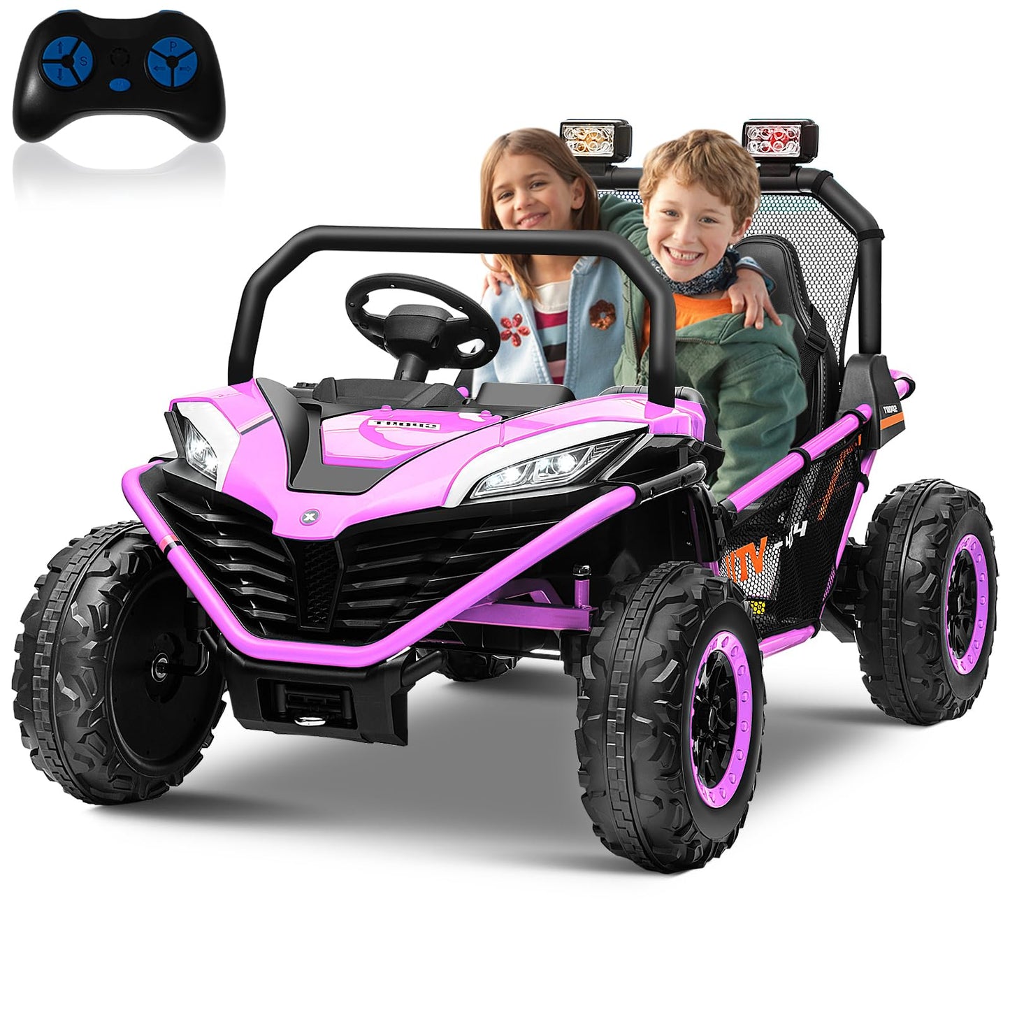 Alinux 24 Volt 10Ah Ride On Car Utv 2 Seater, Kids Electric Car, Metal Frame, Brake&Gas Pedal, Eva Tires, Bluetooth,Purple Pink