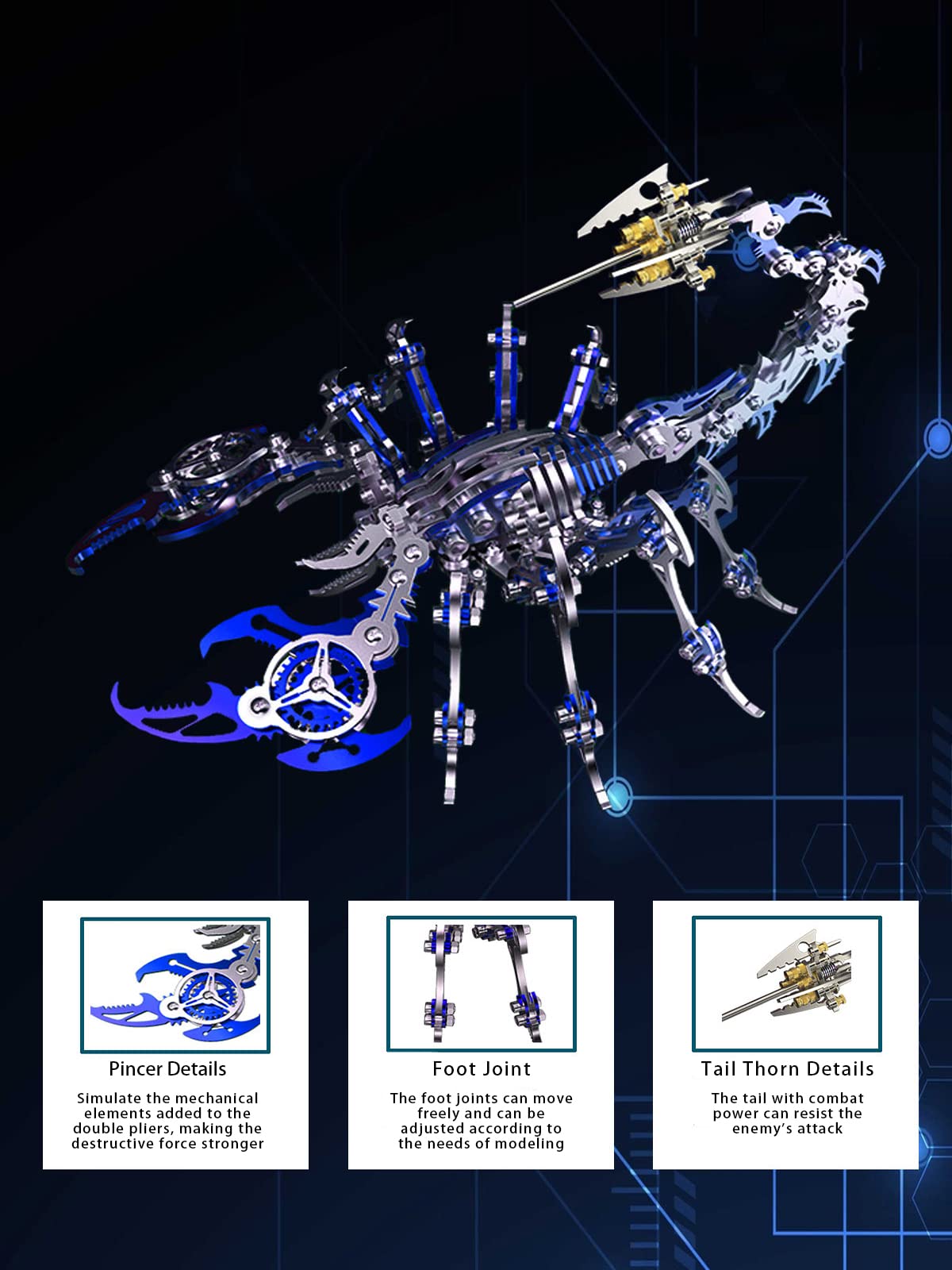 3D Metal Model Kits, Mechanical Scorpion King Blue 3D Metal Puzzle,Steel Warcraft Collection DIY Animal Brain Teasers Simple 3D