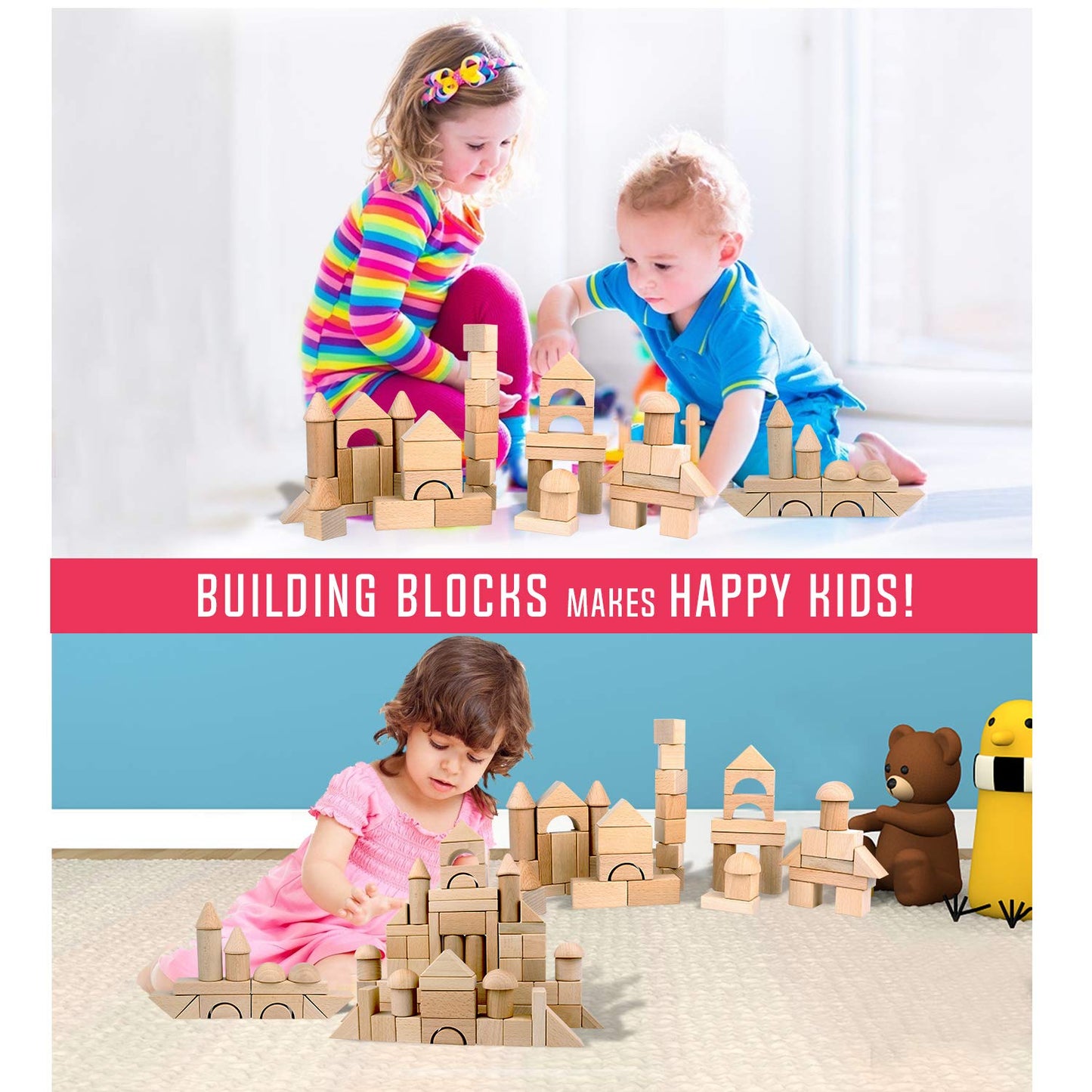 Wooden Building Blocks Set For Kids - Stacker Stacking Game Construction Toys Set Preschool Colorful Learning Educational Toys - Geometry Wooden Blocks For 3+ Year Old Boys & Girls