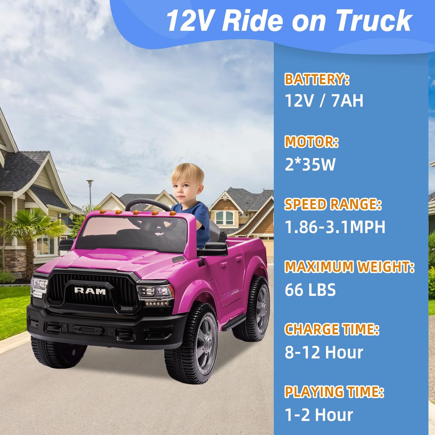 12V Ride On Toys For Kids 4-8, Licensed Ram 2500, Electric Car For Kids, With Remote Control, Led Light/Music/Mp3, Back Storage