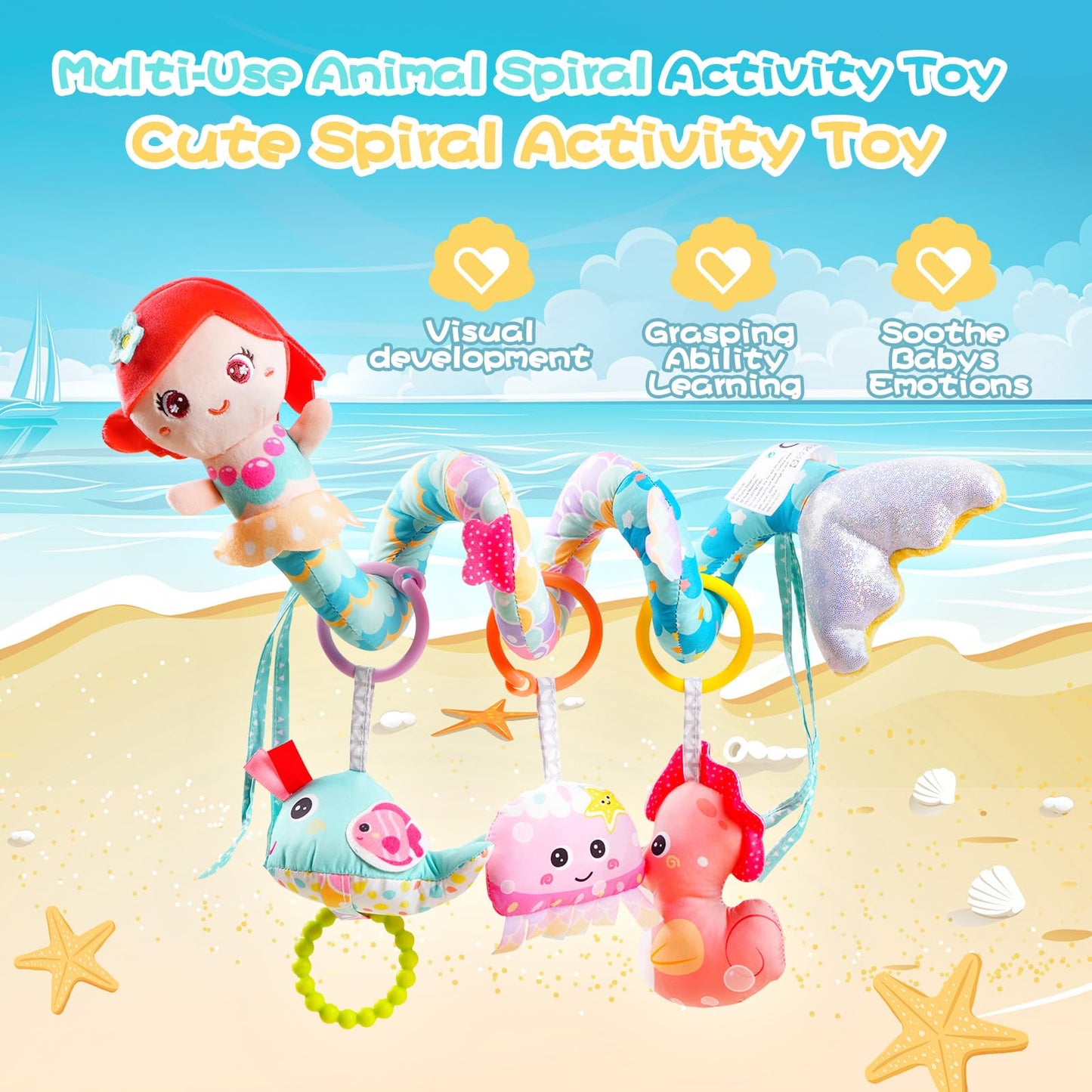 Koty Carseat Toys Hanging, Blue Mermaid Stroller Toys For Babies 0-6 Months, Baby Car Seat Toy With Crinkle, Teether, Music Box,