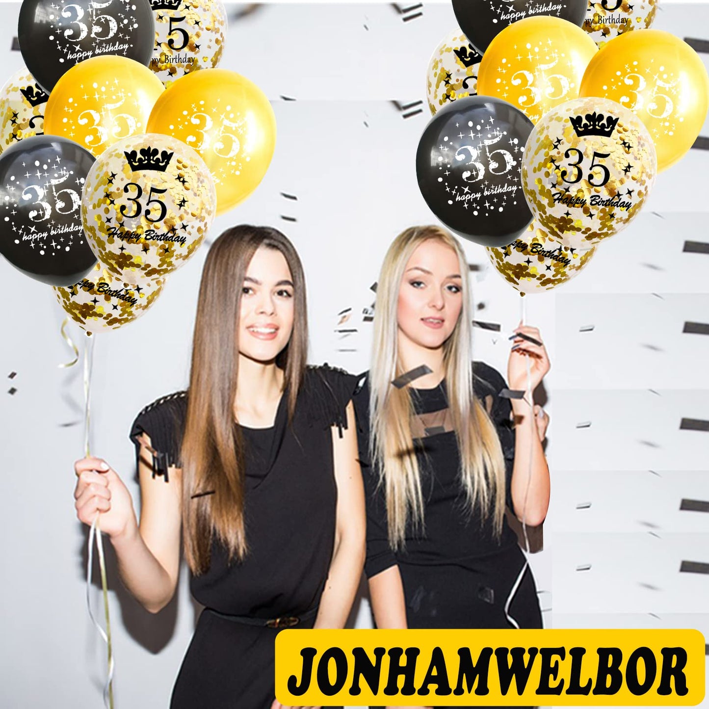 Jonhamwelbor Happy 35Th Birthday Balloon (15Pcs 12Inch) Black And Gold Latex Inflatable Clear Confetti Anniversary Party Helium