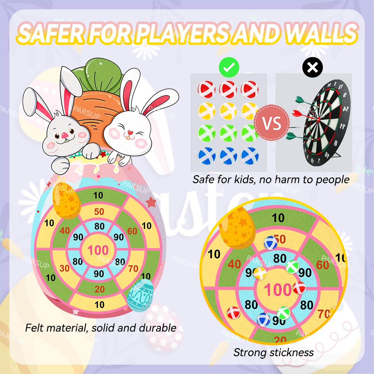 Easter Dart Board Game Set, Cute Bunny Chick Carrot Party Board Games with 12 Stick Balls, Happy Easter Indoor Outdoor Games for