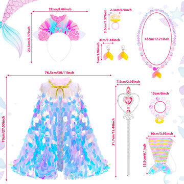 Limiroler Princess Dress Up Toys Princess Dress Up Clothes Rainbow Mermaid Cape Kit 9 Pcs Gift Set For Little Girls 3-8 Years Old, Great Gift Set For Birthday Christmas Halloween (Rainbow Pink)