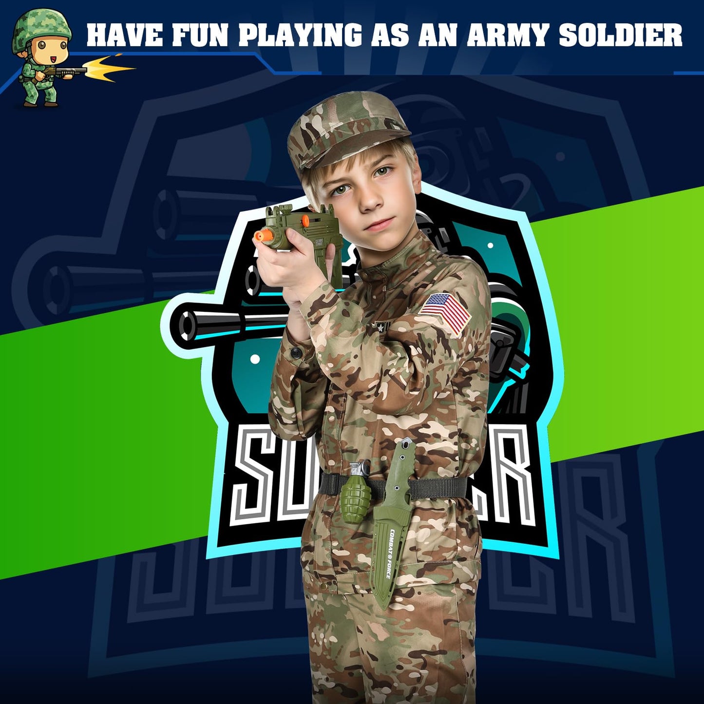 Giftinbox Army Costume For Kids,Soldier Halloween Costumes Boys Kids 3-12,13Pcs Military Dress Up Role Play Set With Accessories,Deluxe Birthday Gift Size M,Green Camo,Medium (5-7Yrs)