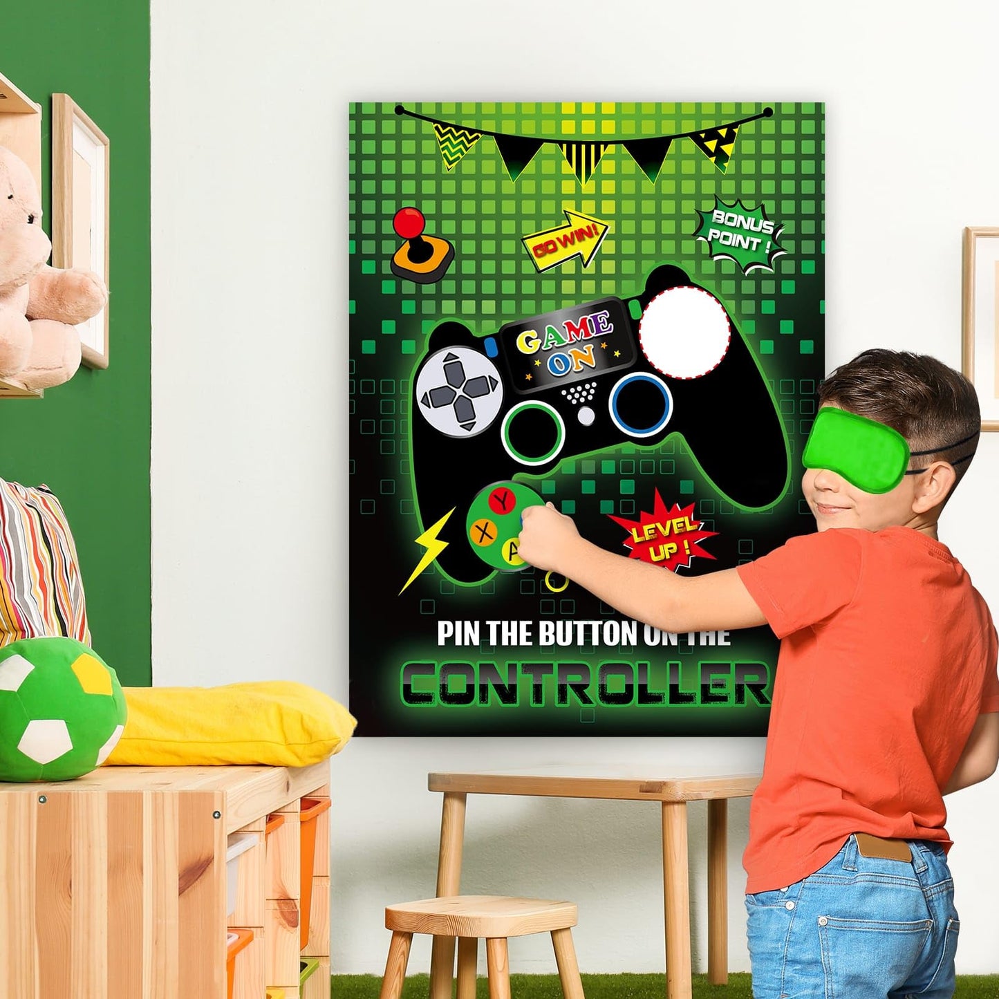 WERNNSAI Pin The Button Video Game Party Game - 21"x28" Poster with 24 Reusable Stickers for Kids Birthday Party Supplies