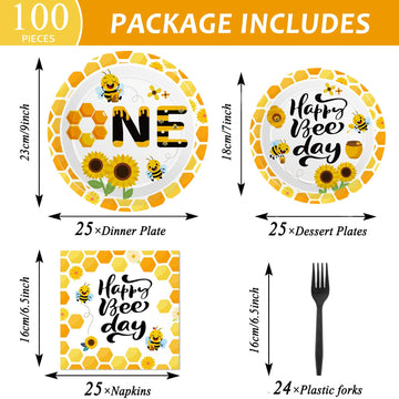 Qyeahkj 100 Pcs Bee 1St Birthday Party Supplies Paper Plates And Napkins Disposable Bee First Birthday Tableware Decorations For