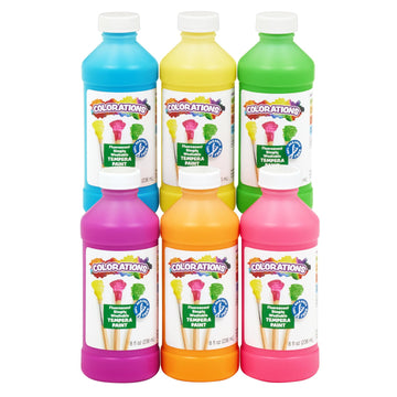 Colorations Paraben-Free Fluorescent Simply Washable Tempera Paint- Set Of 6, 8 Oz. Each