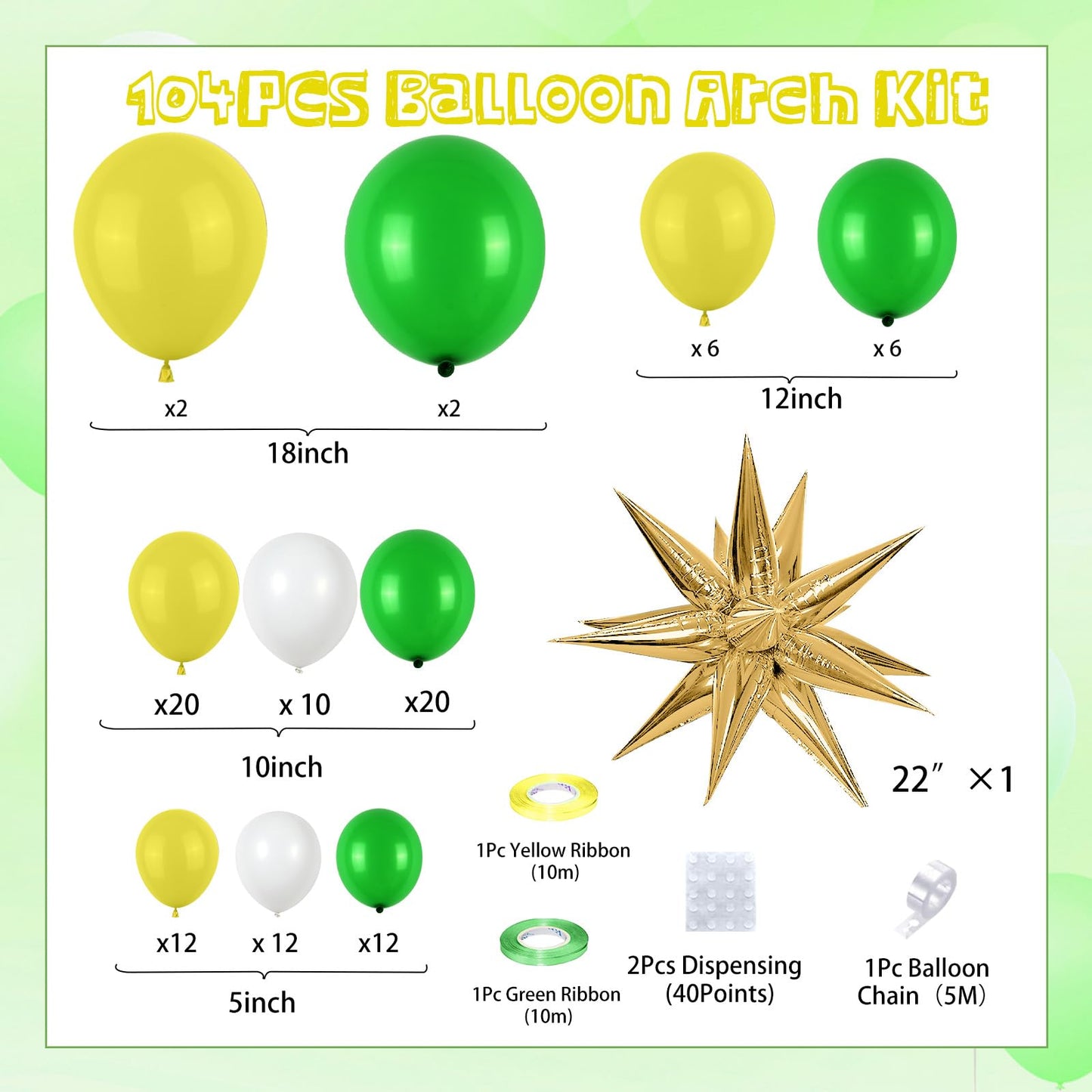 Green Yellow Balloon Garland Kit, Golf Birthday Decorations With Dark Green Yellow Latex Balloons Gold Star Foil Balloon For Boy
