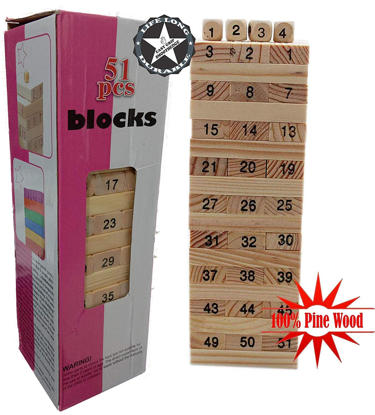 Hinik Corporation Wooden 51 Pcs Blocks 4 Dices Wooden Numbered Building Bricks Stacking Classic Traditional Toppling Tumbling To