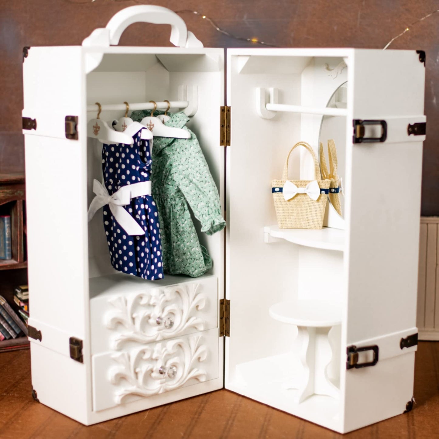 The Queens Treasures 18 Inch Doll Clothes Storage Case Furniture, Fully Assembled White Wooden Trunk Includes Vanity, Stool, Ha