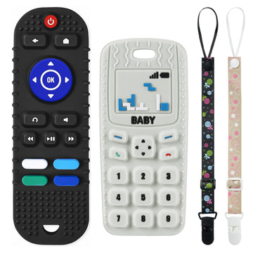2Pcs Silicone Baby Teething Toys,Remote Control Shape Teething Toys And Phone Teething Toys With 2Pcs Pacifier Clip,Bpa Free Sil