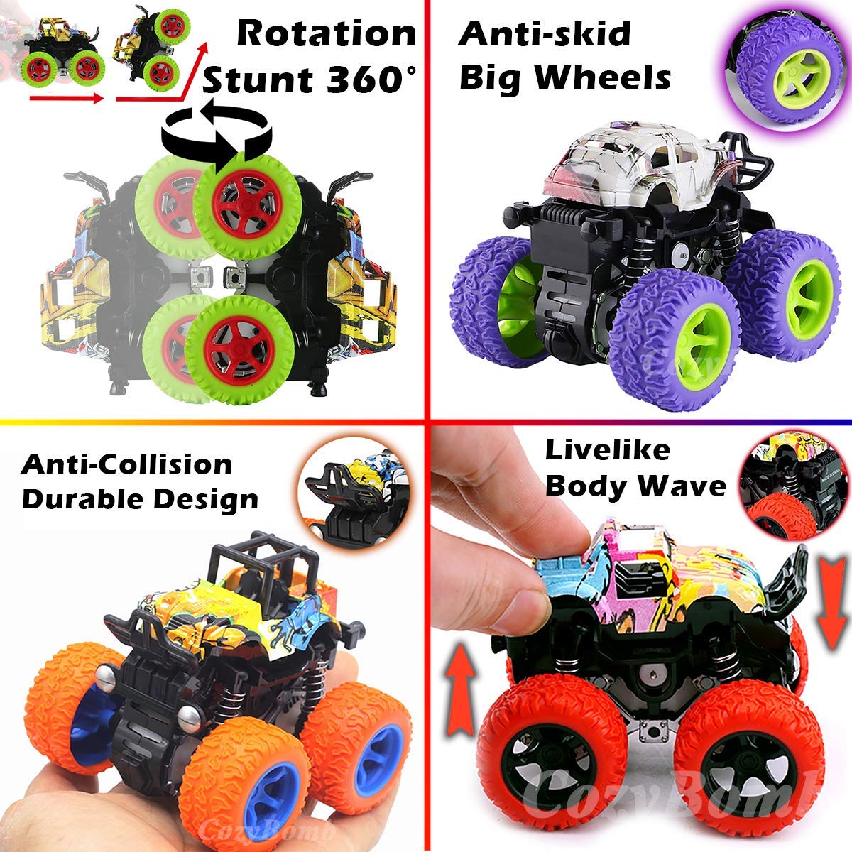 CozyBomB Friction Powered Monster Trucks Toys for Boys - Push and Go Car Vehicles Truck Playset, Inertia Vehicle, Kids Birthday