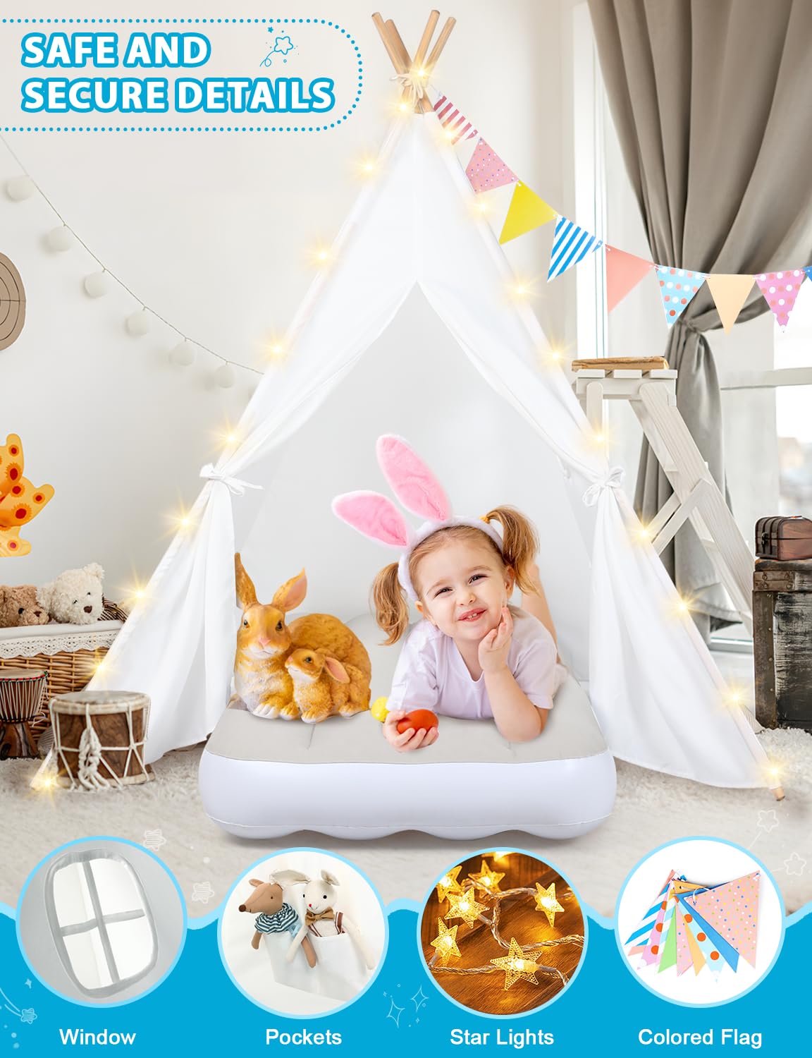 Wilwolfer 2 Sets Teepee Tent For Kids With Inflatable Airbed Toddler Play Tent White Foldable Playhouse For Indoor Outdoor Boys
