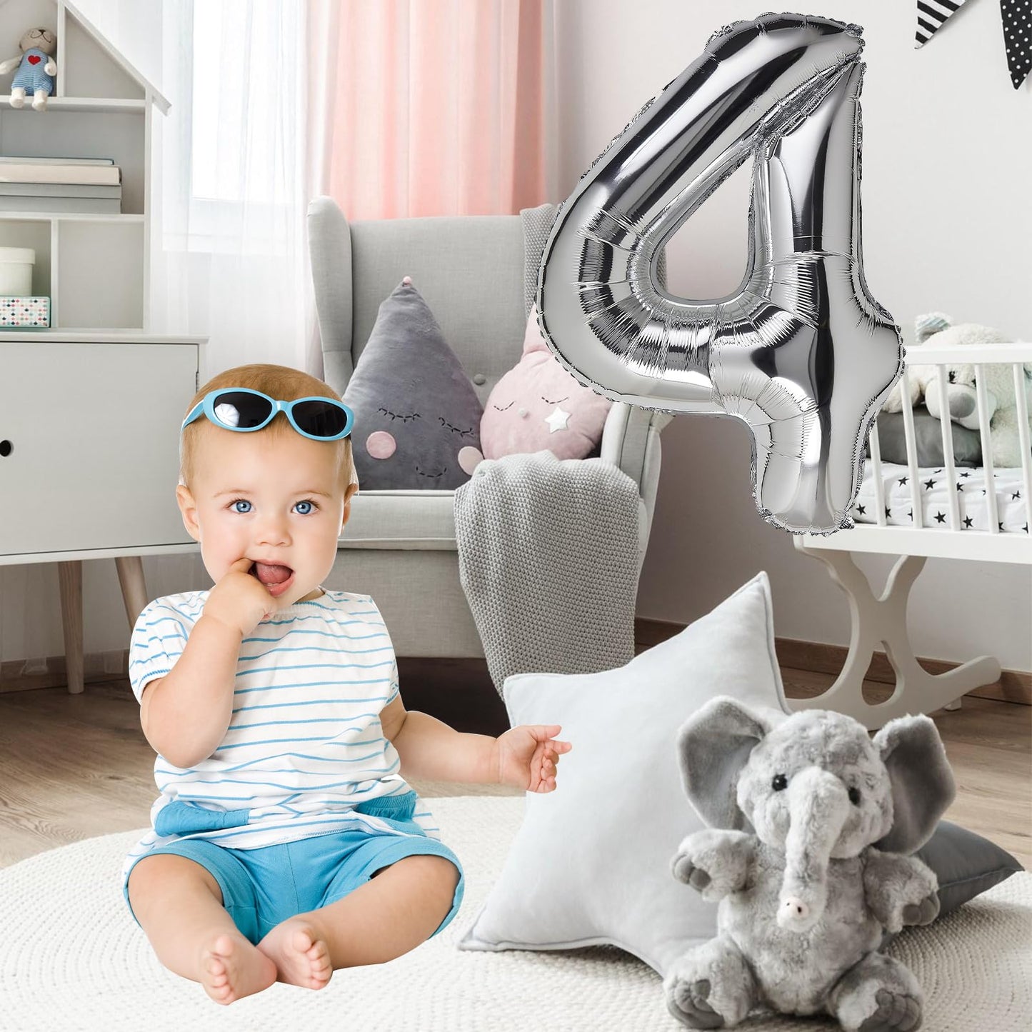 4 Number Balloon Silver 40 Inch Big Foil Mylar 4Th Balloons For 4 Year Old Boy Girl Birthday Party Decorations Wedding Anniversa