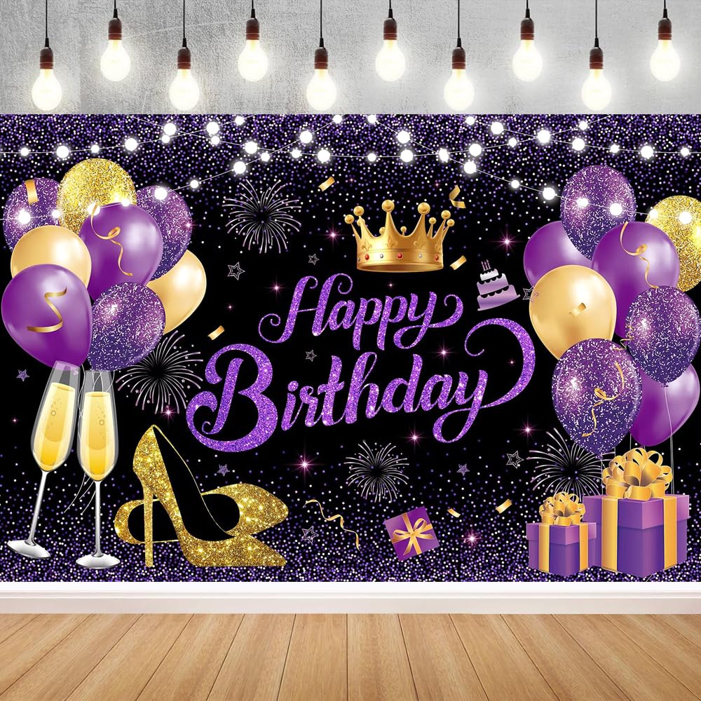 YinQin 180x120 cm Black Purple Gold Happy Birthday Party Backdrops Cloth 71x47 in. Birthday Celebration Photography Backgrounds 