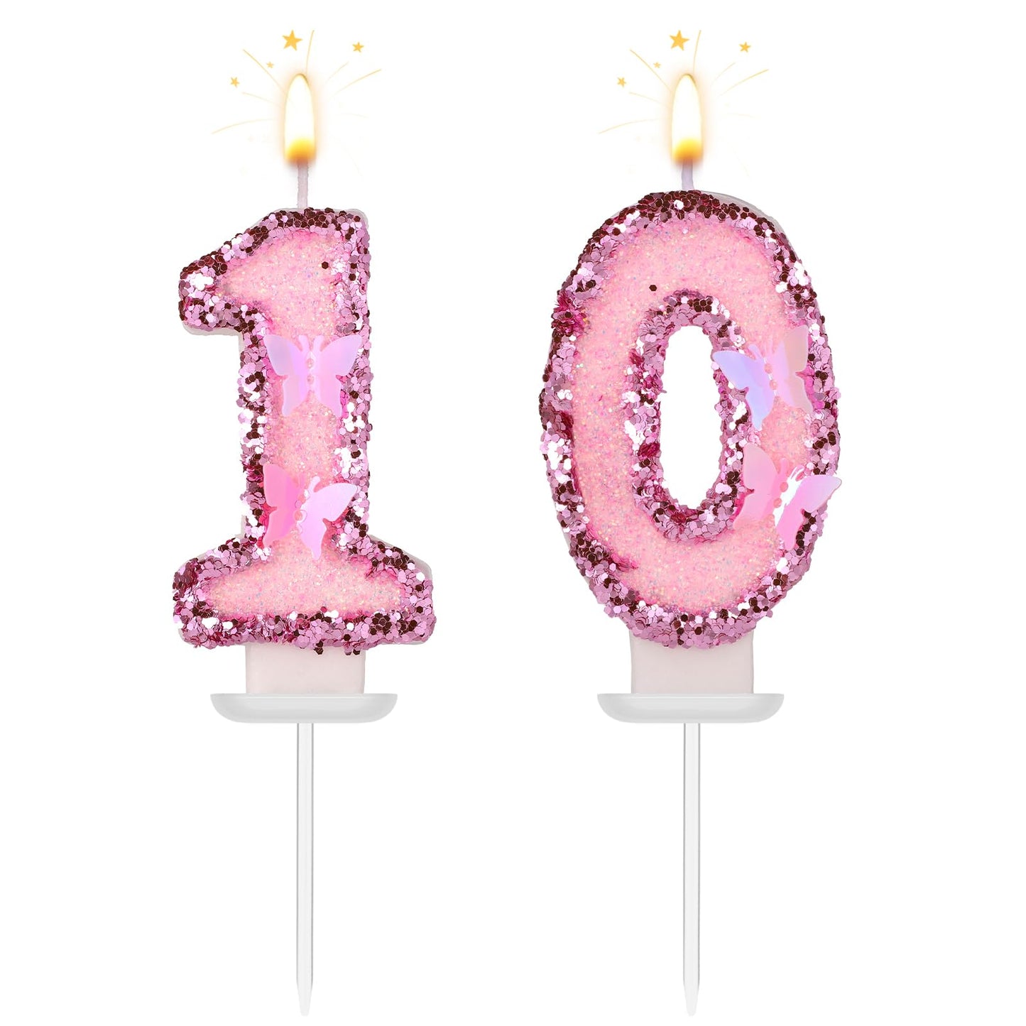 Girls Birthday Number 10 Candles, 2.95in Glitter Butterfly Happy Birthday Cake Toppers Pink Sequins Wedding Numeral Cupcake Deco
