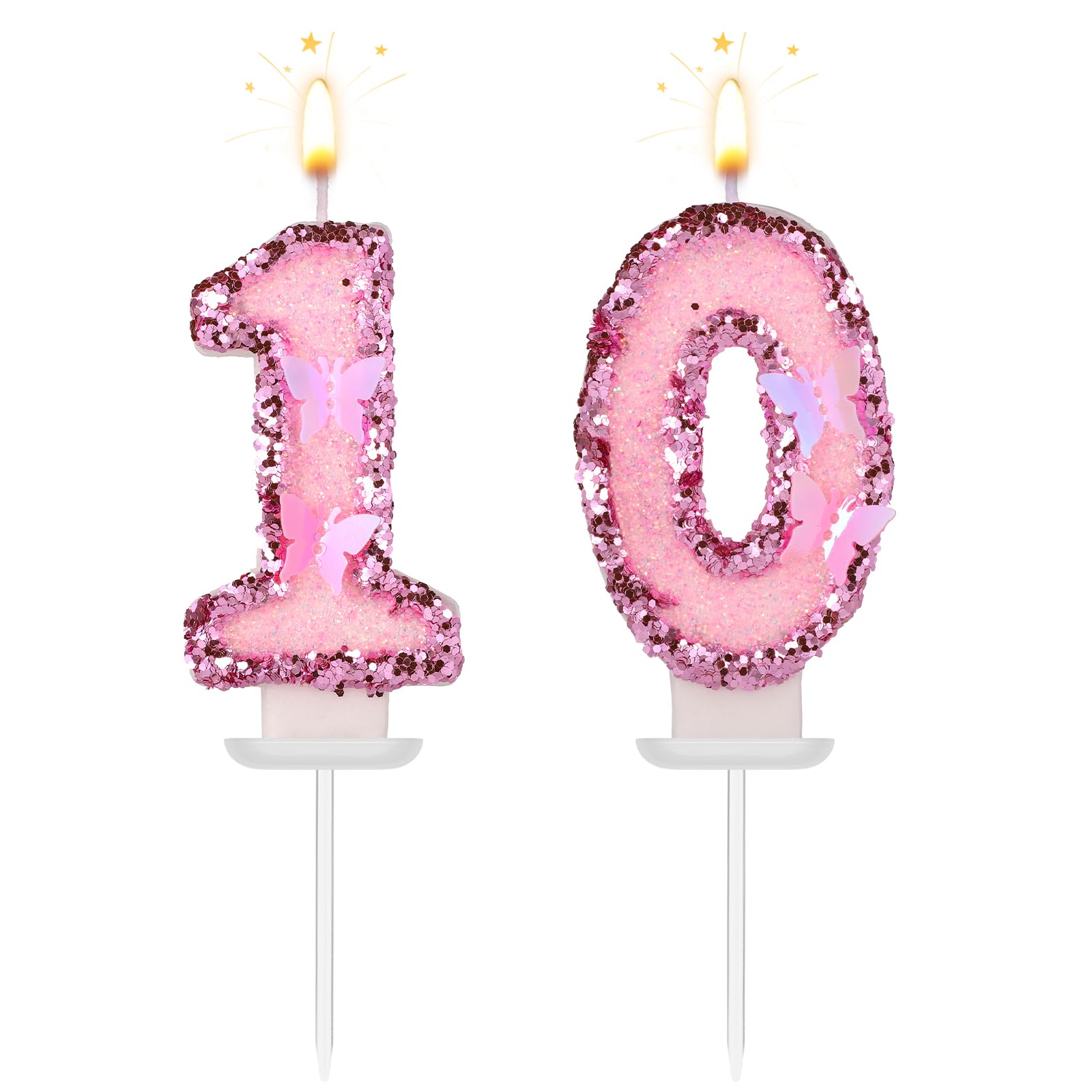 Girls Birthday Number 10 Candles, 2.95in Glitter Butterfly Happy Birthday Cake Toppers Pink Sequins Wedding Numeral Cupcake Deco