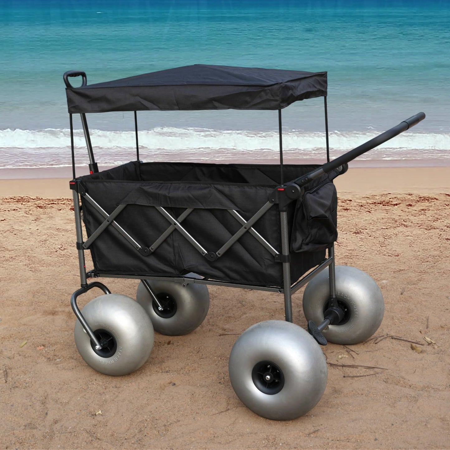 WONDERCAMEL Stroller Wagon with Big Balloon Wheels for Sand, Folding Pull Push Cart with Removable Canopy, 13 Inflatable Tires