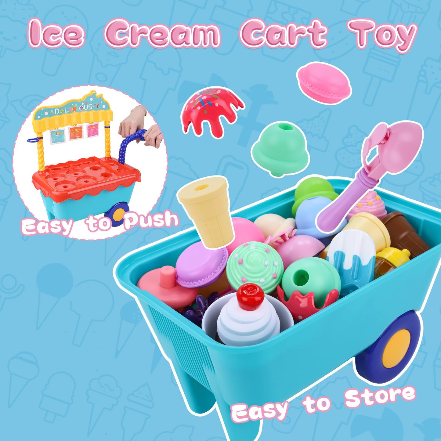 Gifts2U Ice Cream Cart Toys for Kids,45 Pcs Ice Cream Play Set,Pretend Play Store with Storage Trolley,Food Toys,Play Ice Cream