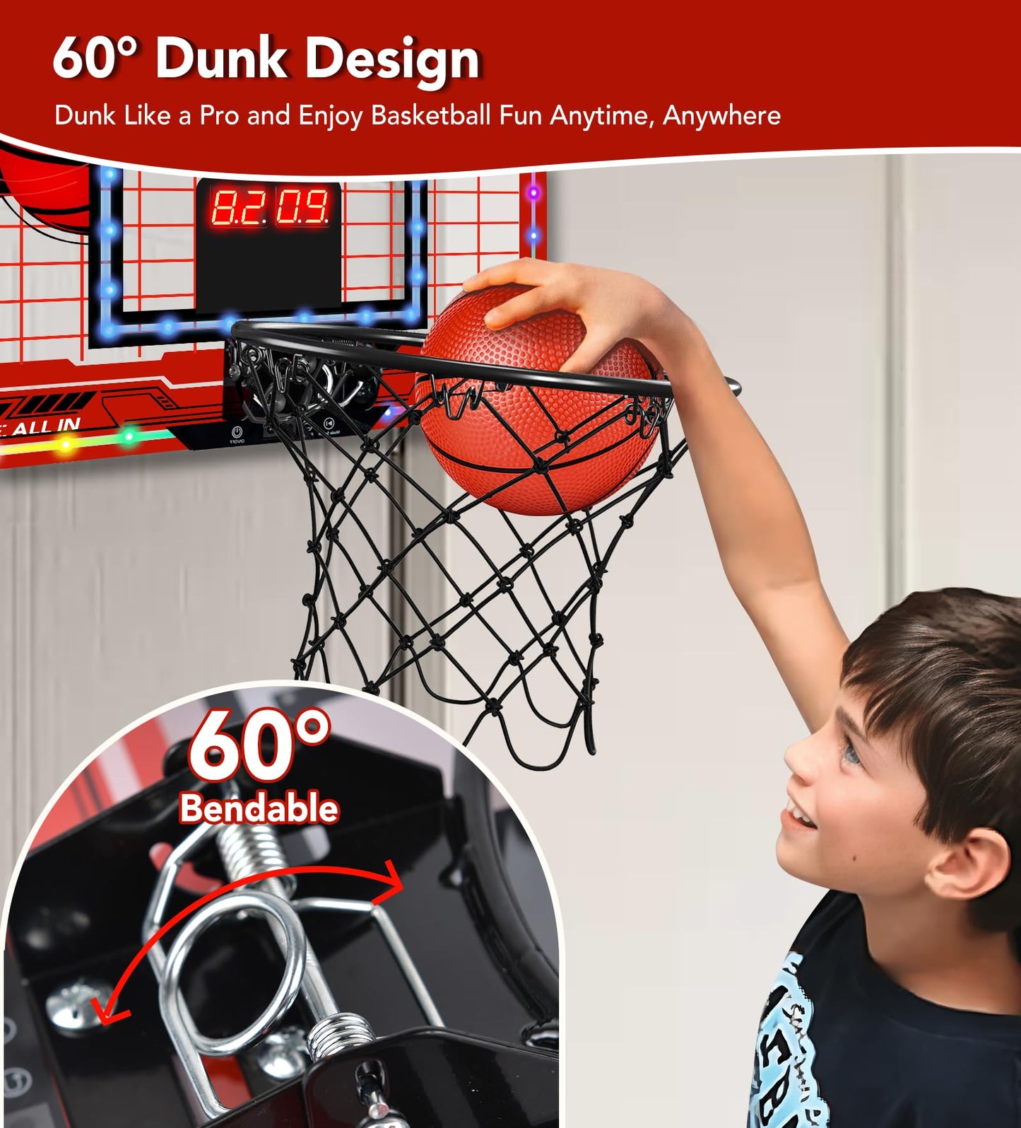 Basketball Hoop Indoor For Kids-Over The Door Mini Basketball Hoop With Led Light, Scoreboard, Remote Control And 3 Modes & Ball