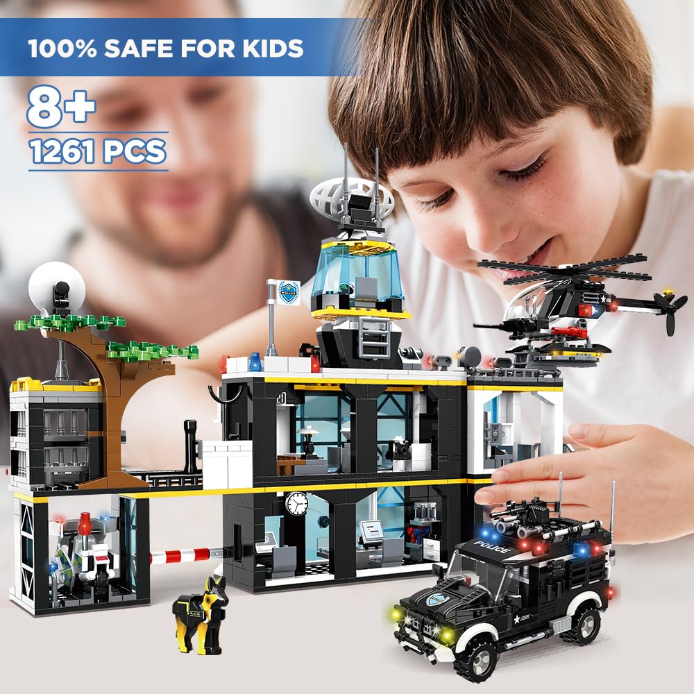 HOGOKIDS City Police Station Building Set - 1261 PCS STEM Blocks with Helicopter, Motorcycle & 2 Cars, Black, Model C0555A