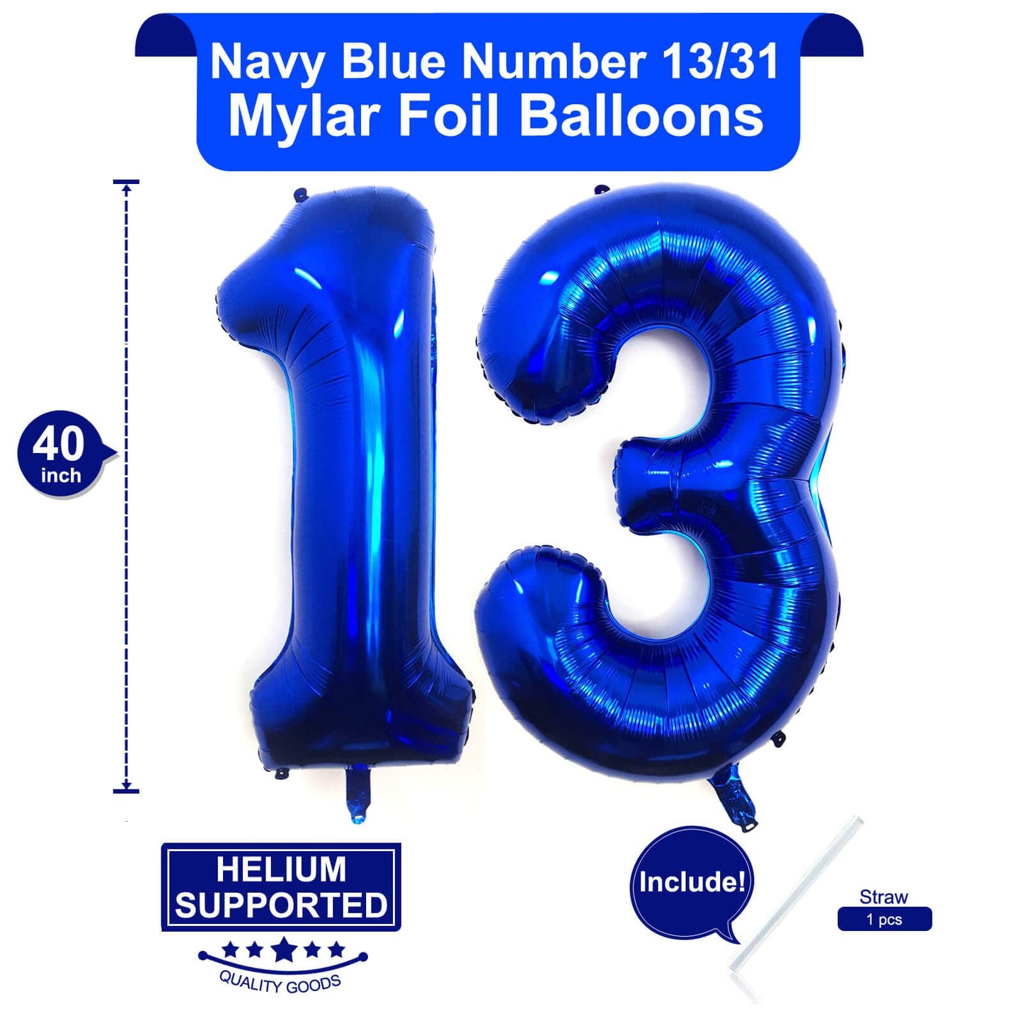 LHOAVWE 40 Inch Navy Blue 13 Foil Mylar Balloons - Jumbo Digital Number 13 Birthday Party Decorations