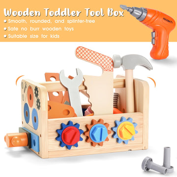 Rexbeti Kids Tool Set, 43Pcs Wooden Toddler Tool Bench With Electric Drill, Apron And A Pack Stickers(50Pcs), Montessori Constru