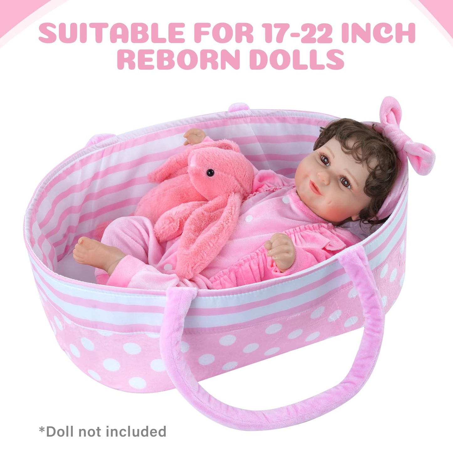 Babeside Reborn Baby Dolls Bassinet Foldable Baby Doll Crib Bed Soft Doll Carrier Doll Accessories With Handle For 17-22 Inch Baby Dolls Girls (Pink)