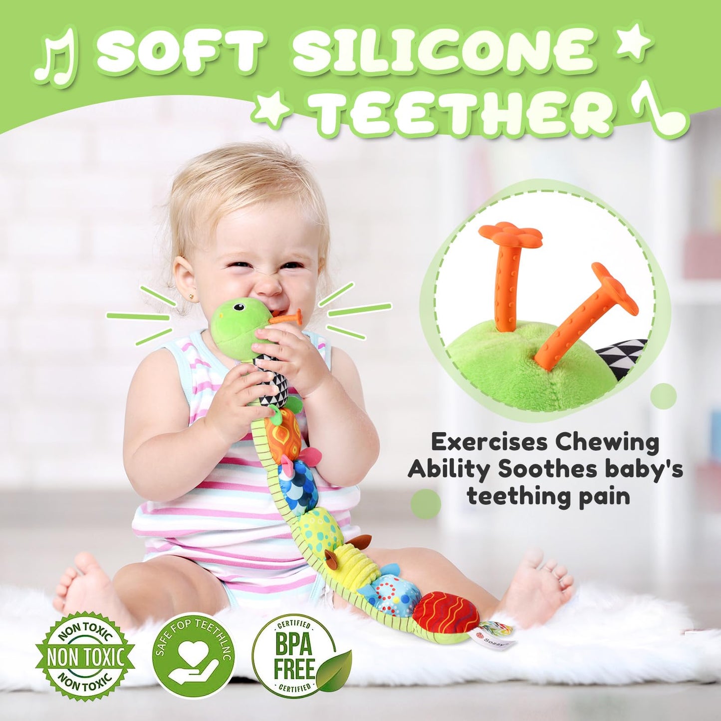 Awotoy Baby Toys 0 To 12 Months, Musical Stuffed Animal Activity Soft Toys With Multi-Sensory Crinkle, Rattle And Textures, Infant Tummy Time Toys For Newborn Boys Girls, Caterpillar, Green