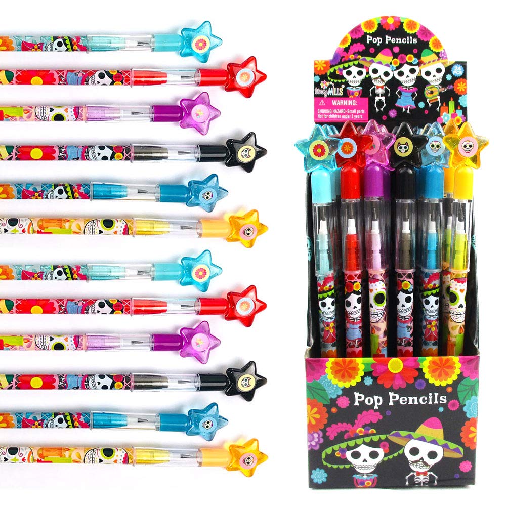 TINYMILLS 24 Pcs Day of the Dead Halloween Multi Point Stackable Pencil with Eraser for Halloween Party Favor Prize Carnival Goo