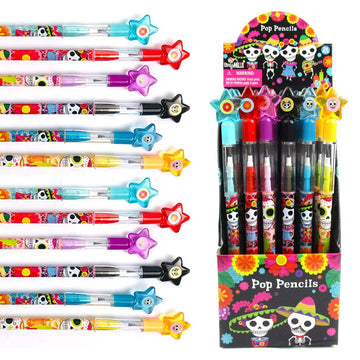 TINYMILLS 24 Pcs Day of the Dead Halloween Multi Point Stackable Pencil with Eraser for Halloween Party Favor Prize Carnival Goo
