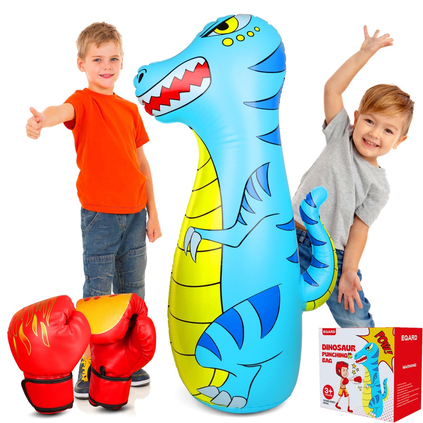 Eqard Punching Bag For Kids 47'' Inflatable Dinosaur Bop Bag With Thicker Material Instant Bounce Back With Boxing Gloves Karate