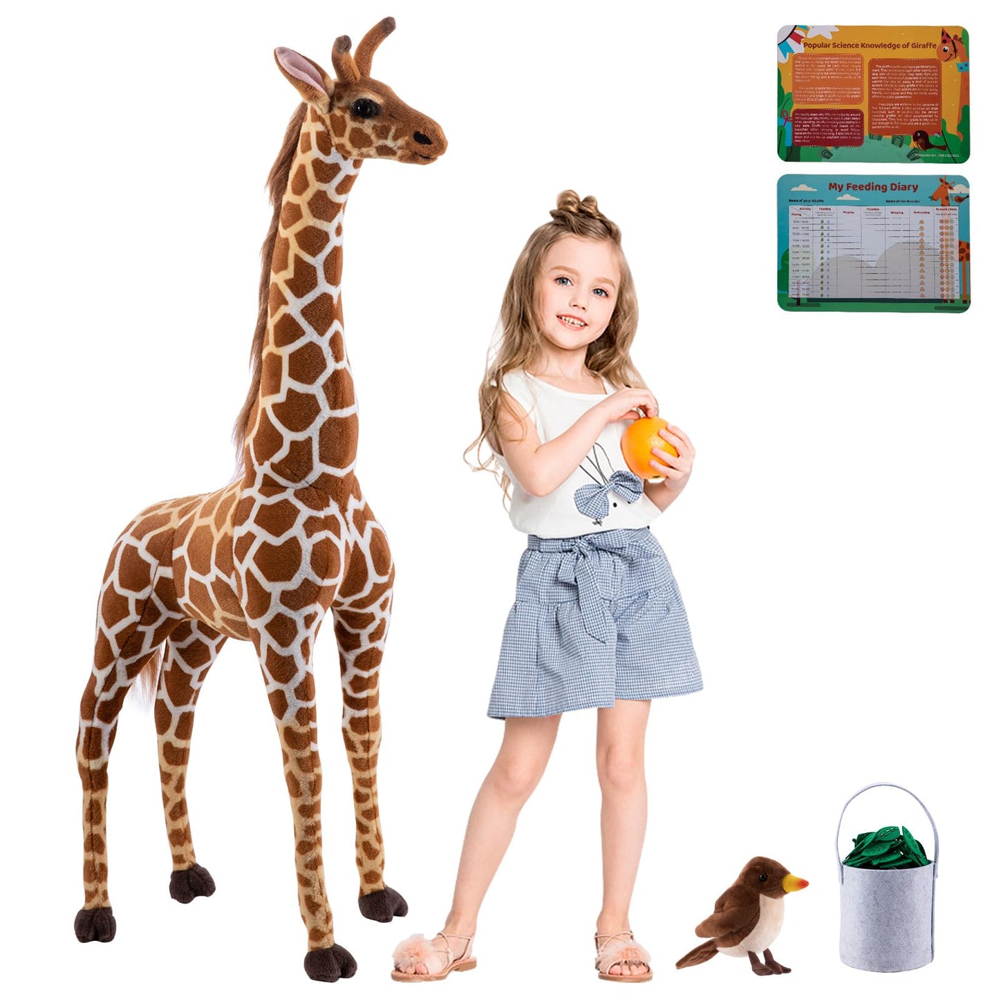 Ohkids 47    Large Giraffe Stuffed Animal Set, Giant Giraffe Plush Toys W/Birds, Leaves, Basket, Tall Giraffe Toy Standing Lifel